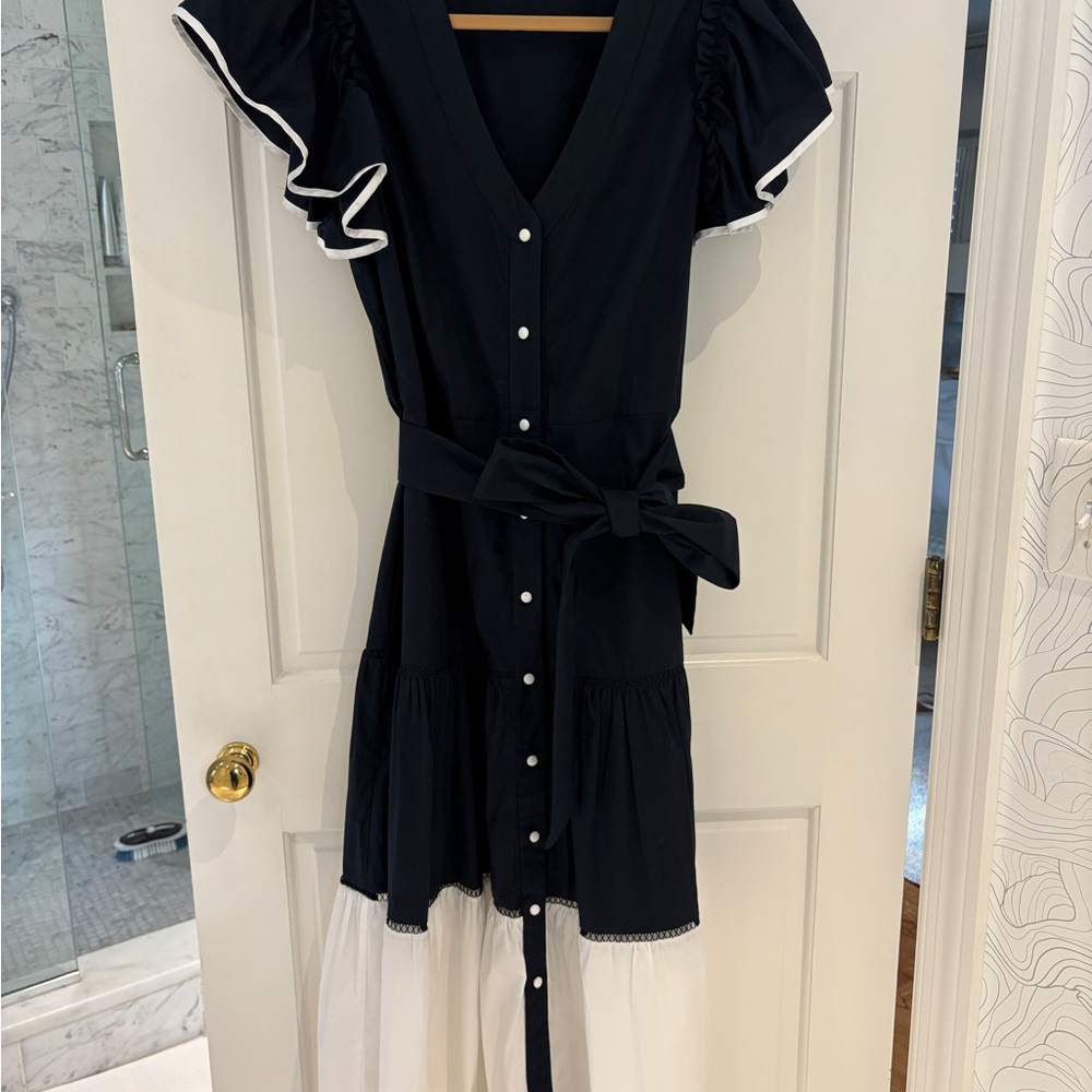 Pearl by Lela Rose navy and White Ruffle Dress